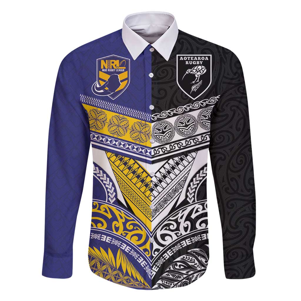 Custom Rugby Niue and Aotearoa Family Matching Off Shoulder Short Dress and Hawaiian Shirt Hiapo with Maori Moko Tribal Heritage Tattoos - Polynesian Pride