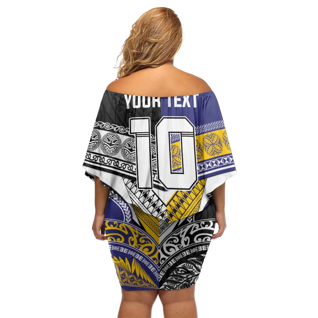 Custom Rugby Niue and Aotearoa Family Matching Off Shoulder Short Dress and Hawaiian Shirt Hiapo with Maori Moko Tribal Heritage Tattoos - Polynesian Pride