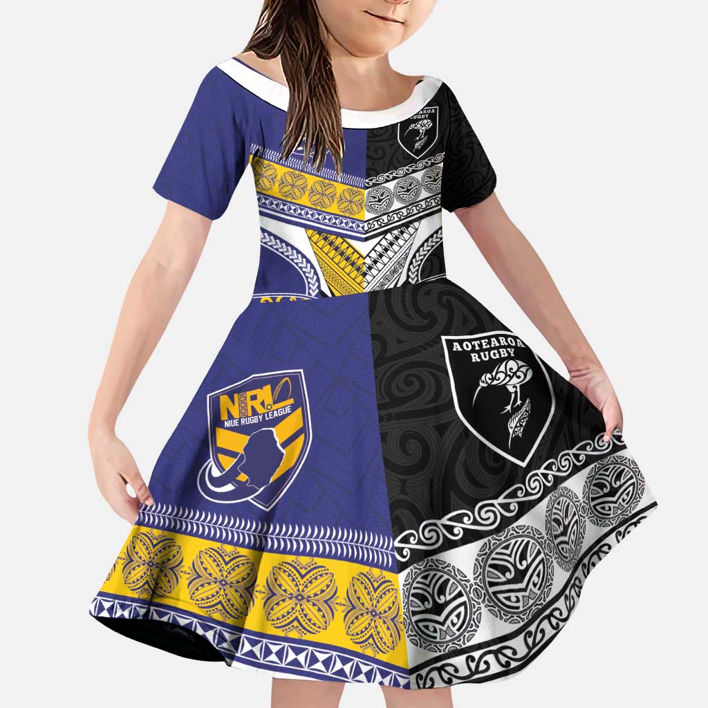 Custom Rugby Niue and Aotearoa Family Matching Puletasi and Hawaiian Shirt Hiapo with Maori Moko Tribal Heritage Tattoos LT03 Daughter's Dress Black - Polynesian Pride