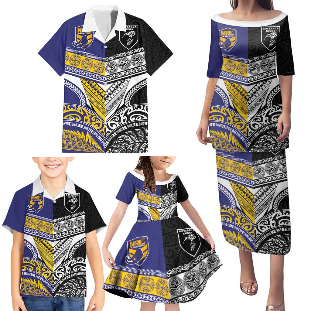 Custom Rugby Niue and Aotearoa Family Matching Puletasi and Hawaiian Shirt Hiapo with Maori Moko Tribal Heritage Tattoos - Polynesian Pride