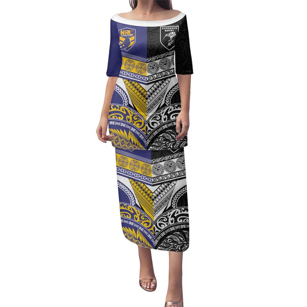Custom Rugby Niue and Aotearoa Family Matching Puletasi and Hawaiian Shirt Hiapo with Maori Moko Tribal Heritage Tattoos LT03 Mom's Dress Black - Polynesian Pride