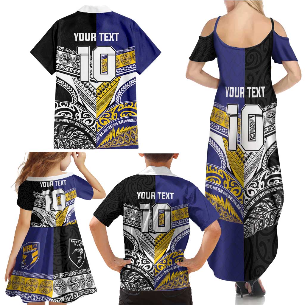 Custom Rugby Niue and Aotearoa Family Matching Summer Maxi Dress and Hawaiian Shirt Hiapo with Maori Moko Tribal Heritage Tattoos - Polynesian Pride