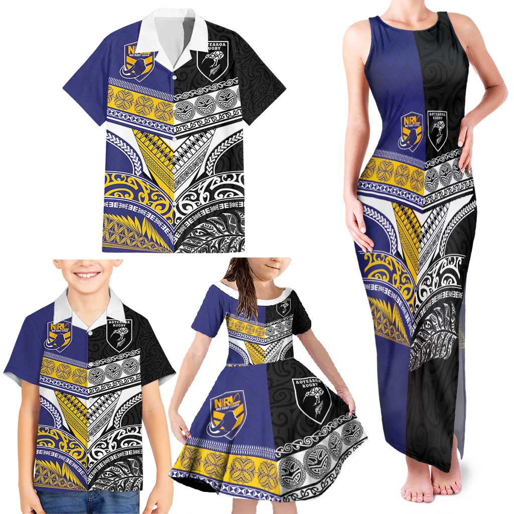Custom Rugby Niue and Aotearoa Family Matching Tank Maxi Dress and Hawaiian Shirt Hiapo with Maori Moko Tribal Heritage Tattoos - Polynesian Pride
