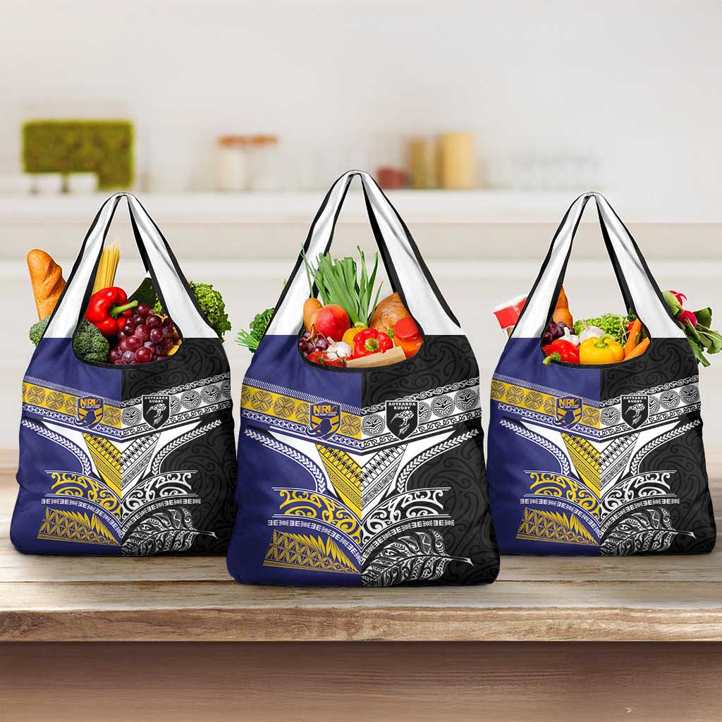 Rugby Niue and Aotearoa Grocery Bag Hiapo with Maori Moko Tribal Heritage Tattoos - Polynesian Pride