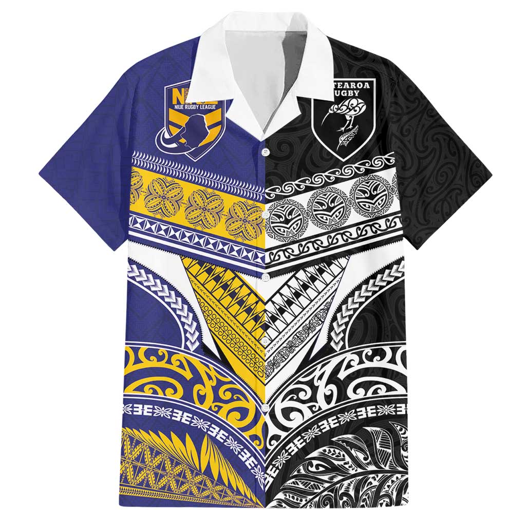 Custom Rugby Niue and Aotearoa Hawaiian Shirt Hiapo with Maori Moko Tribal Heritage Tattoos - Polynesian Pride