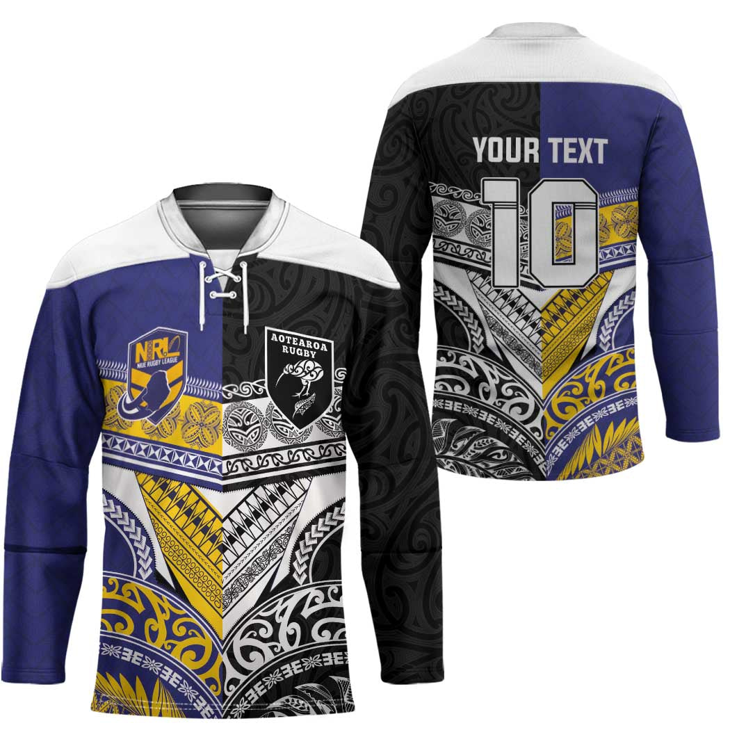Custom Rugby Niue and Aotearoa Hockey Jersey Hiapo with Maori Moko Tribal Heritage Tattoos - Polynesian Pride
