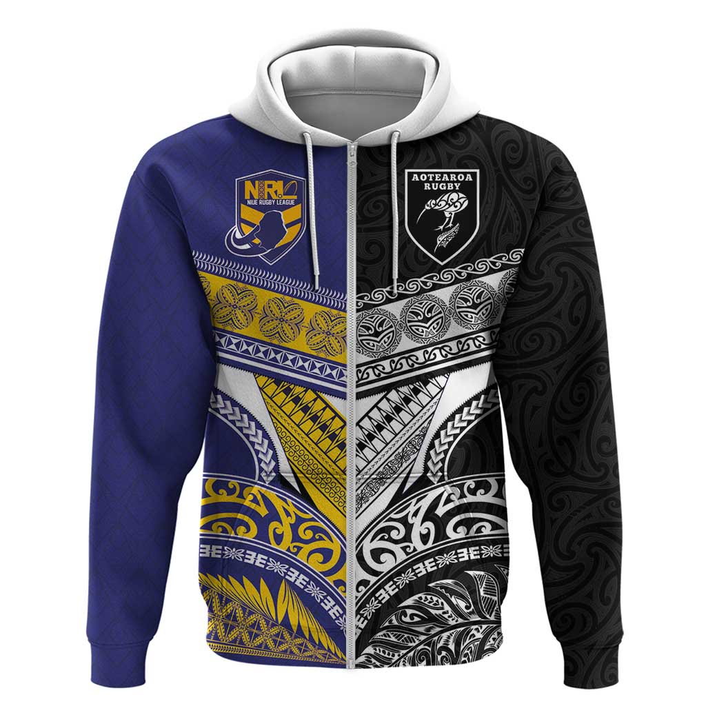 Custom Rugby Niue and Aotearoa Hoodie Hiapo with Maori Moko Tribal Heritage Tattoos - Polynesian Pride