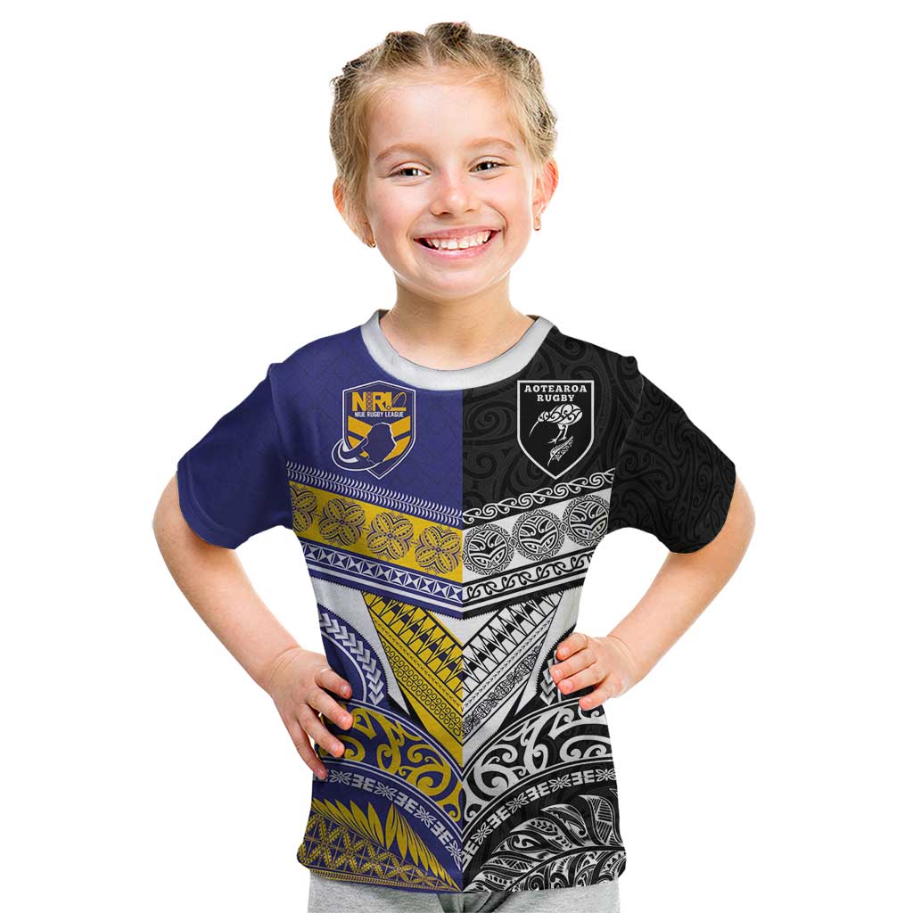 Custom Rugby Niue and Aotearoa Kid T Shirt Hiapo with Maori Moko Tribal Heritage Tattoos - Polynesian Pride