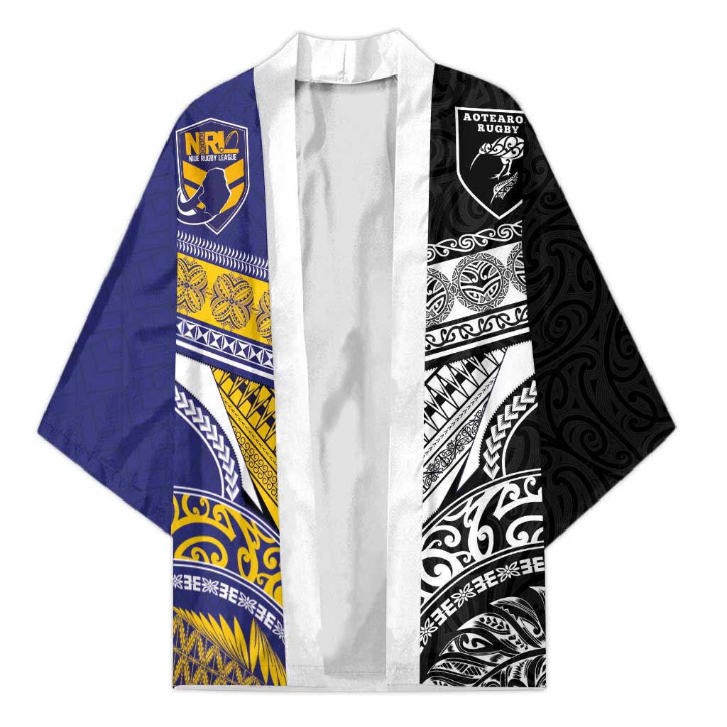 Custom Rugby Niue and Aotearoa Kimono Hiapo with Maori Moko Tribal Heritage Tattoos - Polynesian Pride