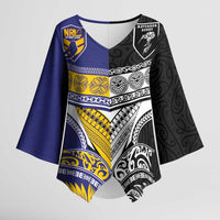 Custom Rugby Niue and Aotearoa Kimono Sleeve Blouse Hiapo with Maori Moko Tribal Heritage Tattoos LT03 Female Black - Polynesian Pride
