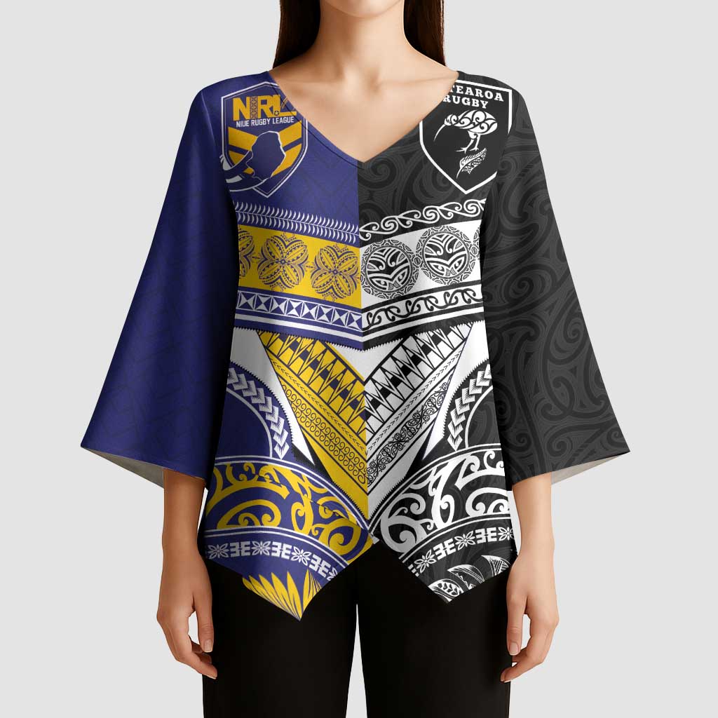 Custom Rugby Niue and Aotearoa Kimono Sleeve Blouse Hiapo with Maori Moko Tribal Heritage Tattoos LT03 - Polynesian Pride