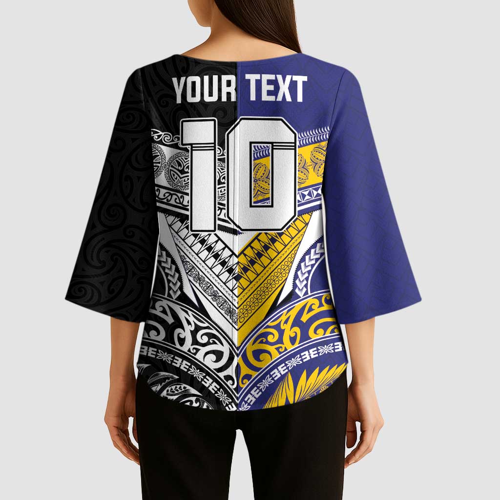 Custom Rugby Niue and Aotearoa Kimono Sleeve Blouse Hiapo with Maori Moko Tribal Heritage Tattoos LT03 - Polynesian Pride