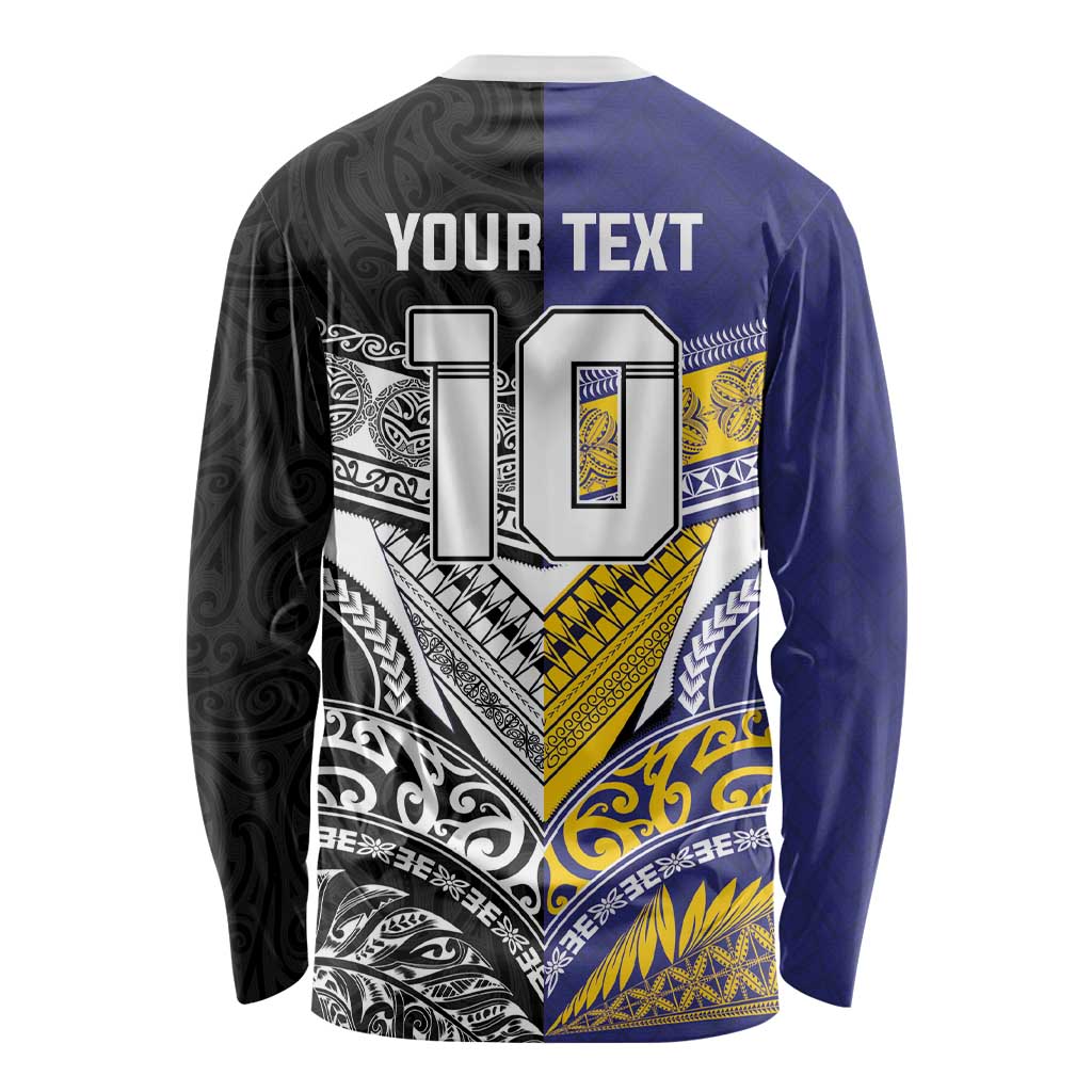 Custom Rugby Niue and Aotearoa Long Sleeve Shirt Hiapo with Maori Moko Tribal Heritage Tattoos - Polynesian Pride