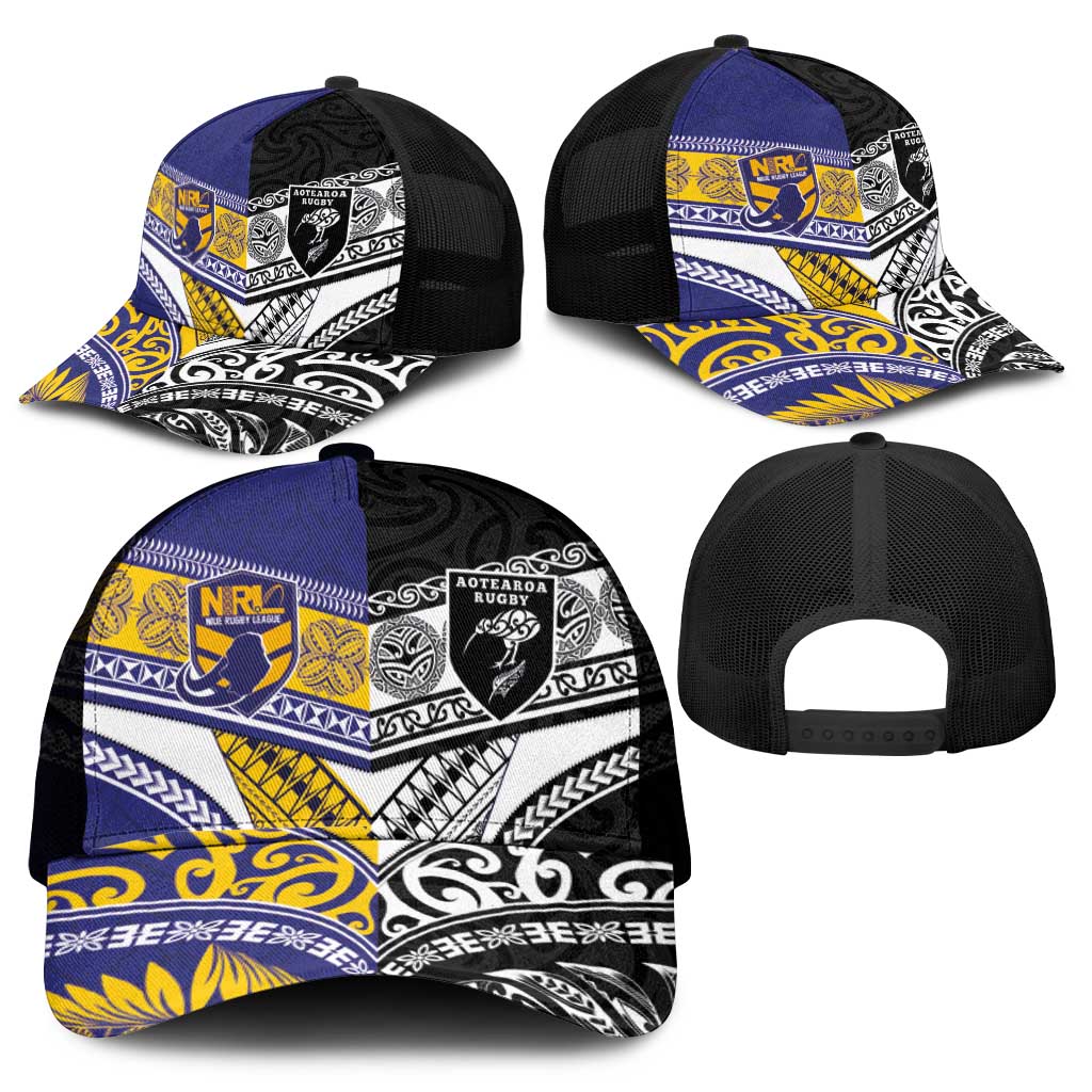 Niue and Aotearoa Rugby Mesh Trucker Cap Hiapo with Maori Moko Tribal Heritage Tattoos - Polynesian Pride
