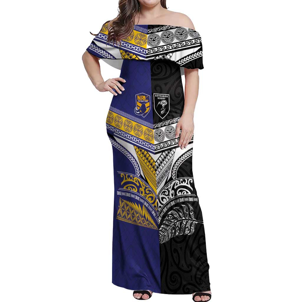 Custom Rugby Niue and Aotearoa Off Shoulder Maxi Dress Hiapo with Maori Moko Tribal Heritage Tattoos LT03 Women Black - Polynesian Pride