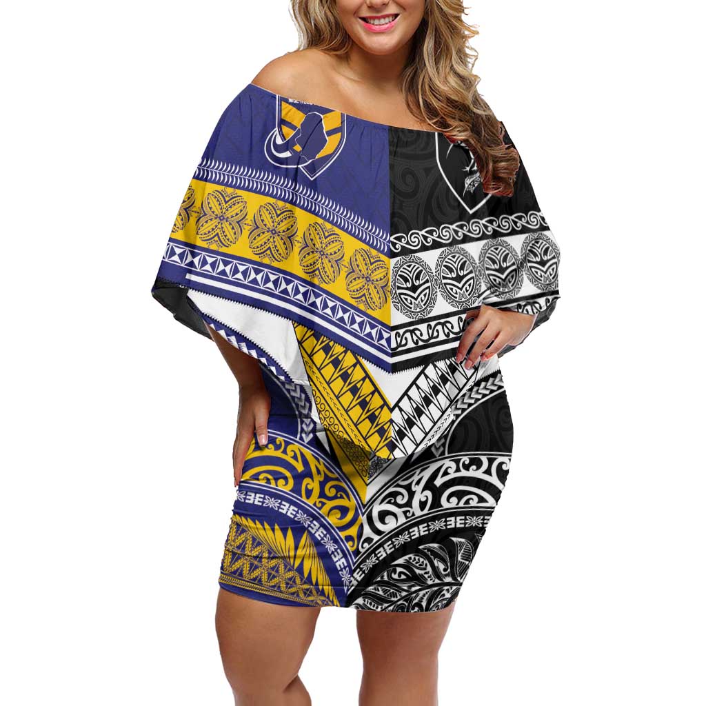 Custom Rugby Niue and Aotearoa Off Shoulder Short Dress Hiapo with Maori Moko Tribal Heritage Tattoos - Polynesian Pride