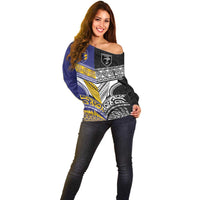 Custom Rugby Niue and Aotearoa Off Shoulder Sweater Hiapo with Maori Moko Tribal Heritage Tattoos LT03 - Polynesian Pride