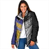 Custom Rugby Niue and Aotearoa Padded Jacket Hiapo with Maori Moko Tribal Heritage Tattoos LT03 Women Black - Polynesian Pride