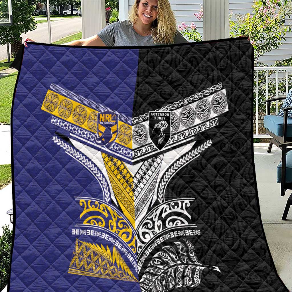 Rugby Niue and Aotearoa Quilt Hiapo with Maori Moko Tribal Heritage Tattoos LT03 Black - Polynesian Pride