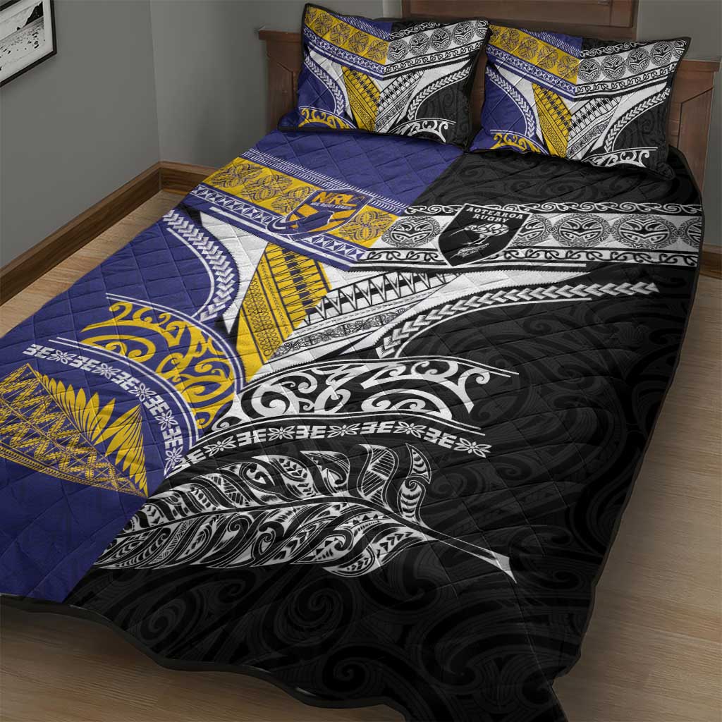 Rugby Niue and Aotearoa Quilt Bed Set Hiapo with Maori Moko Tribal Heritage Tattoos LT03 - Polynesian Pride
