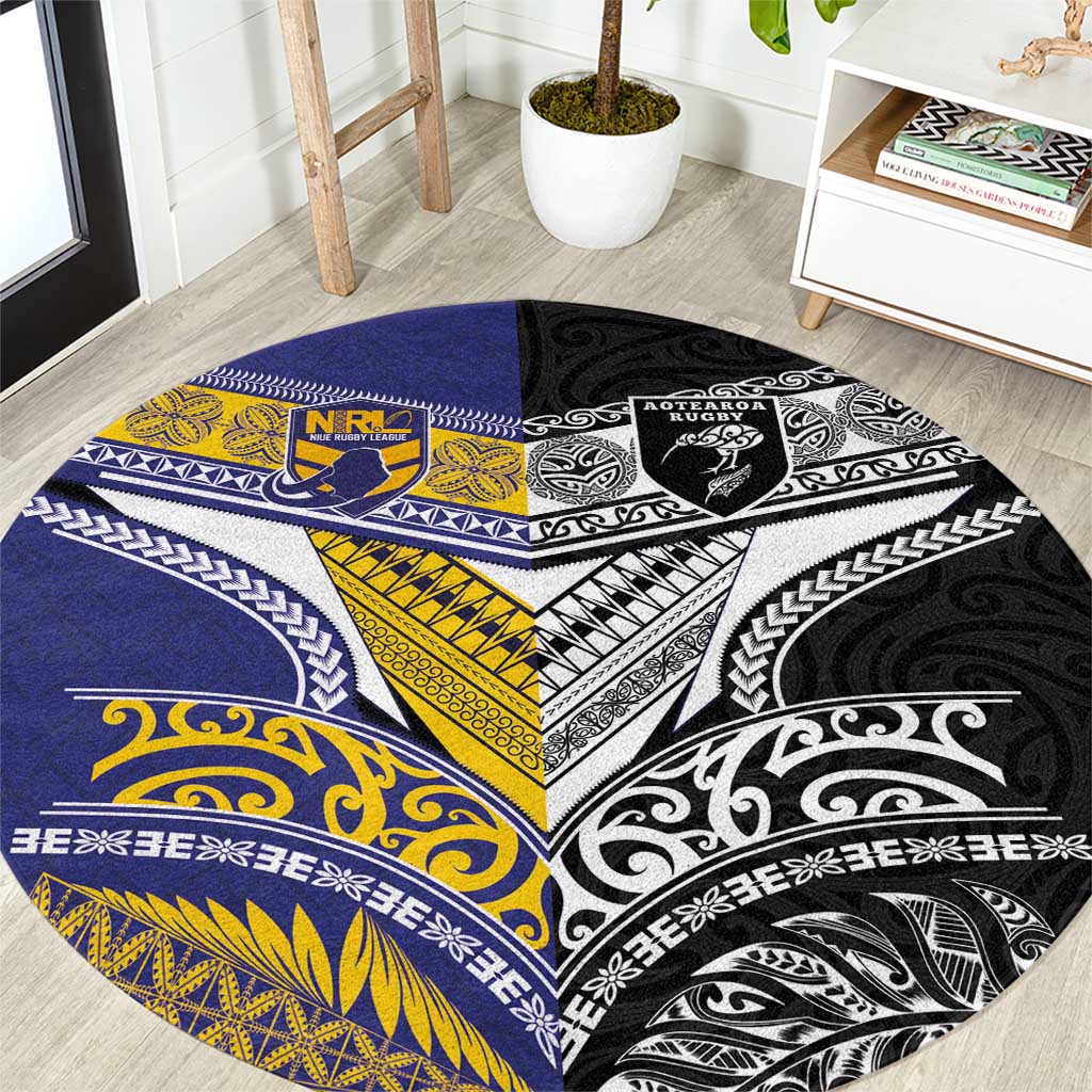 Rugby Niue and Aotearoa Round Carpet Hiapo with Maori Moko Tribal Heritage Tattoos LT03 Black - Polynesian Pride