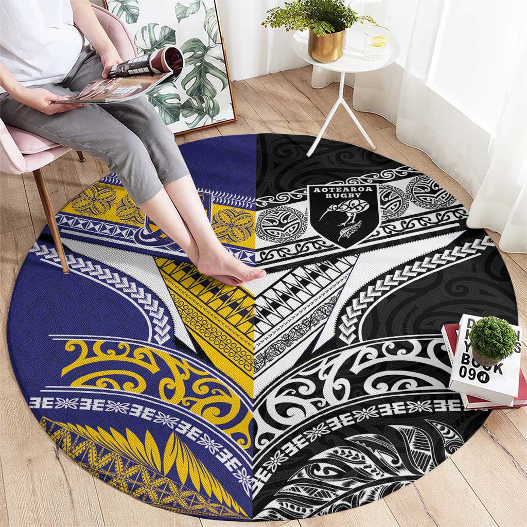 Rugby Niue and Aotearoa Round Carpet Hiapo with Maori Moko Tribal Heritage Tattoos LT03 - Polynesian Pride