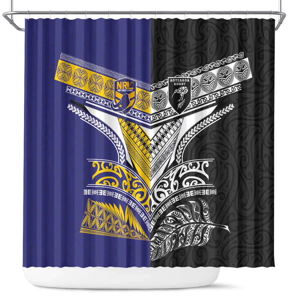 Rugby Niue and Aotearoa Shower Curtain Hiapo with Maori Moko Tribal Heritage Tattoos - Polynesian Pride
