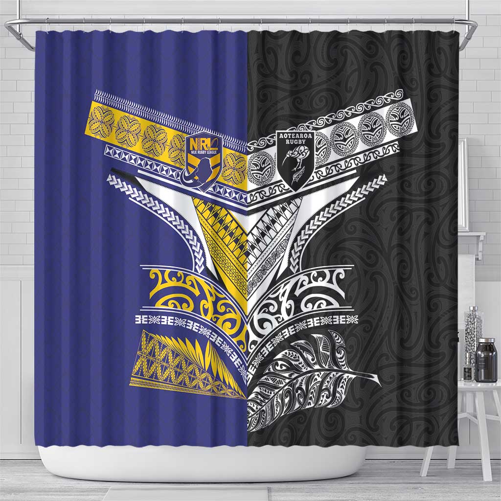 Rugby Niue and Aotearoa Shower Curtain Hiapo with Maori Moko Tribal Heritage Tattoos LT03 - Polynesian Pride
