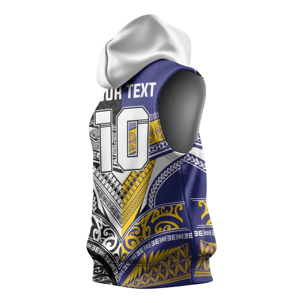 Custom Rugby Niue and Aotearoa Sleeveless Hoodie Hiapo with Maori Moko Tribal Heritage Tattoos - Polynesian Pride