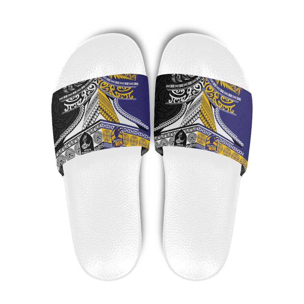 Rugby Niue and Aotearoa Slide Sandals Hiapo with Maori Moko Tribal Heritage Tattoos LT03 Black - Polynesian Pride
