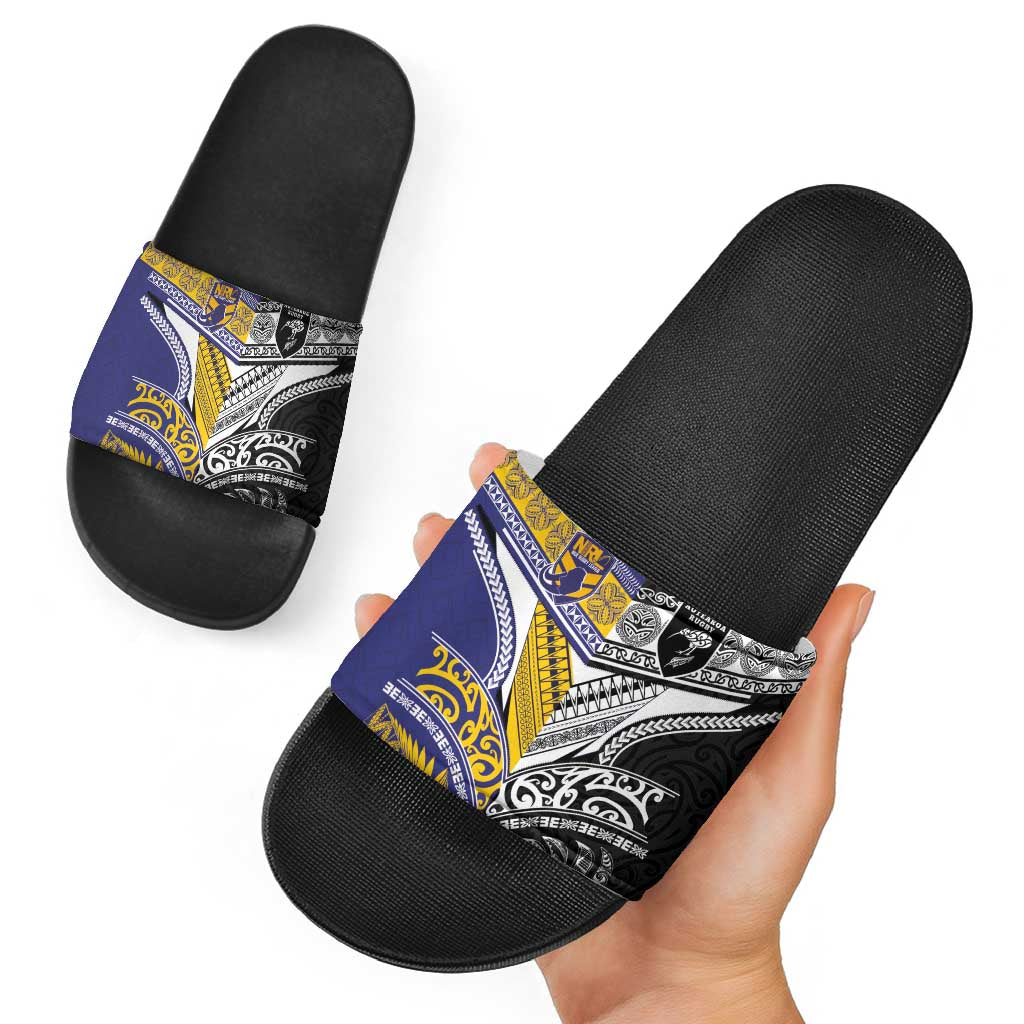 Rugby Niue and Aotearoa Slide Sandals Hiapo with Maori Moko Tribal Heritage Tattoos LT03 - Polynesian Pride
