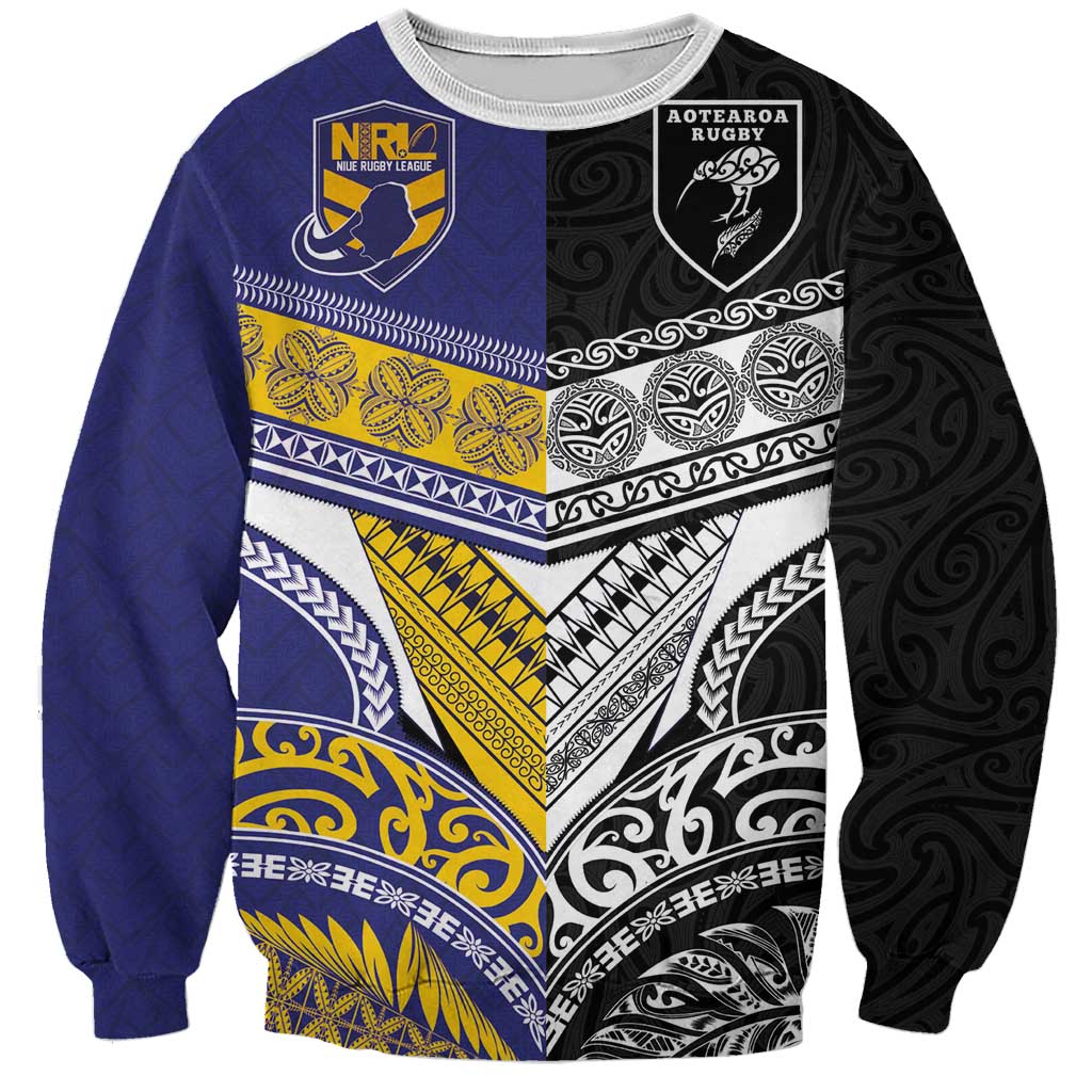 Custom Rugby Niue and Aotearoa Sweatshirt Hiapo with Maori Moko Tribal Heritage Tattoos LT03 Unisex Black - Polynesian Pride