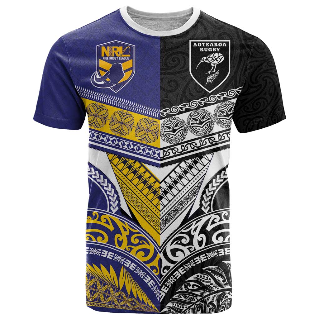 Custom Rugby Niue and Aotearoa T Shirt Hiapo with Maori Moko Tribal Heritage Tattoos - Polynesian Pride