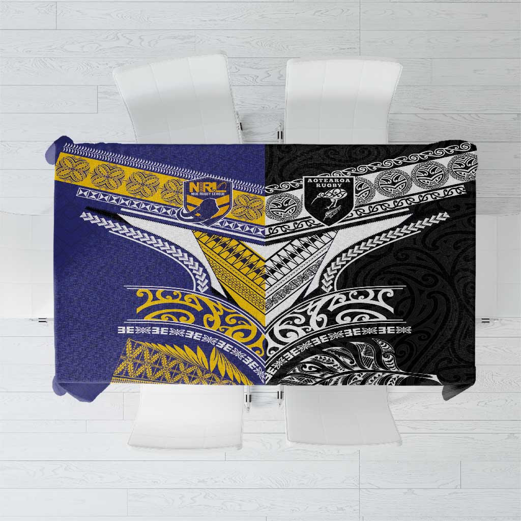 Rugby Niue and Aotearoa Tablecloth Hiapo with Maori Moko Tribal Heritage Tattoos LT03 Black - Polynesian Pride