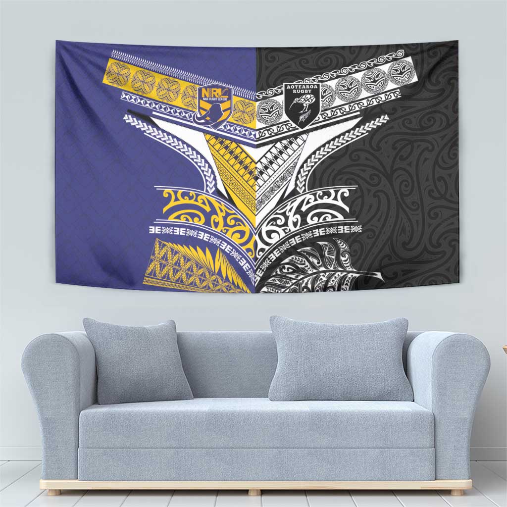 Rugby Niue and Aotearoa Tapestry Hiapo with Maori Moko Tribal Heritage Tattoos LT03 - Polynesian Pride