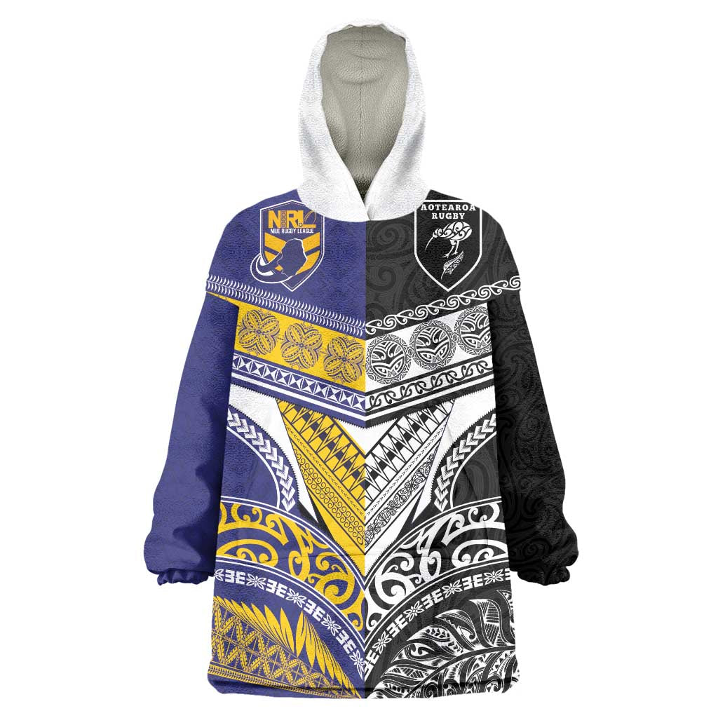 Custom Rugby Niue and Aotearoa Wearable Blanket Hoodie Hiapo with Maori Moko Tribal Heritage Tattoos - Polynesian Pride