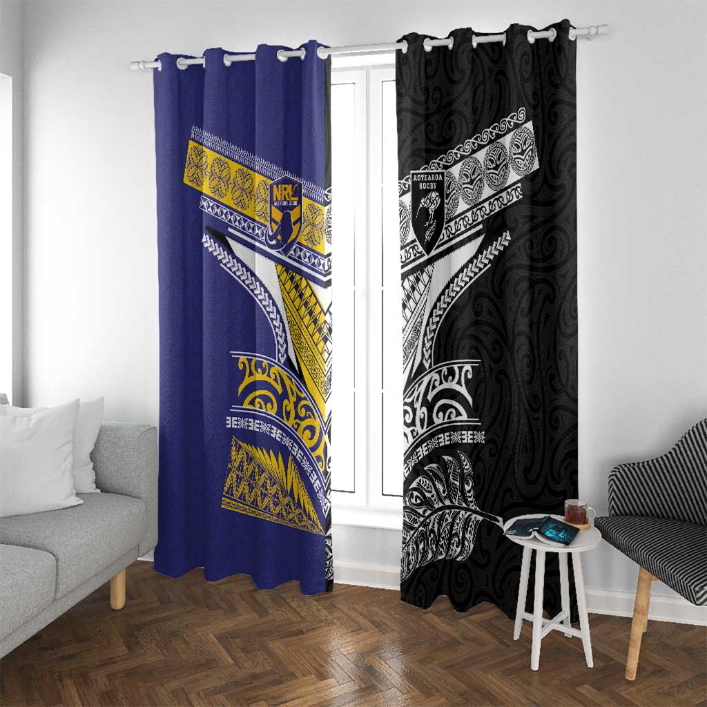 Rugby Niue and Aotearoa Window Curtain Hiapo with Maori Moko Tribal Heritage Tattoos LT03 With Grommets Black - Polynesian Pride