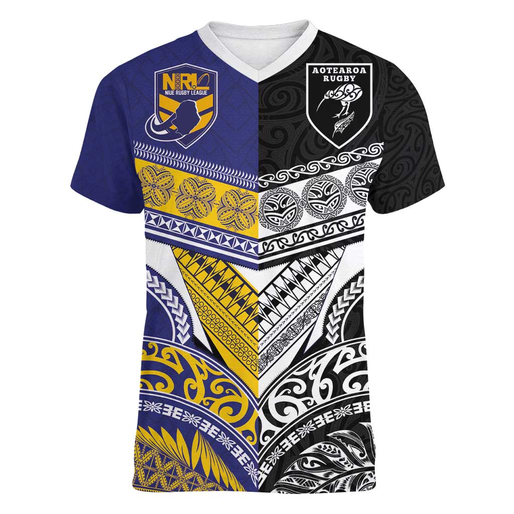 Custom Rugby Niue and Aotearoa Women V-Neck T-Shirt Hiapo with Maori Moko Tribal Heritage Tattoos - Polynesian Pride