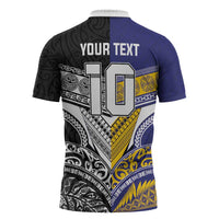Custom Rugby Niue and Aotearoa Zipper Polo Shirt Hiapo with Maori Moko Tribal Heritage Tattoos - Polynesian Pride