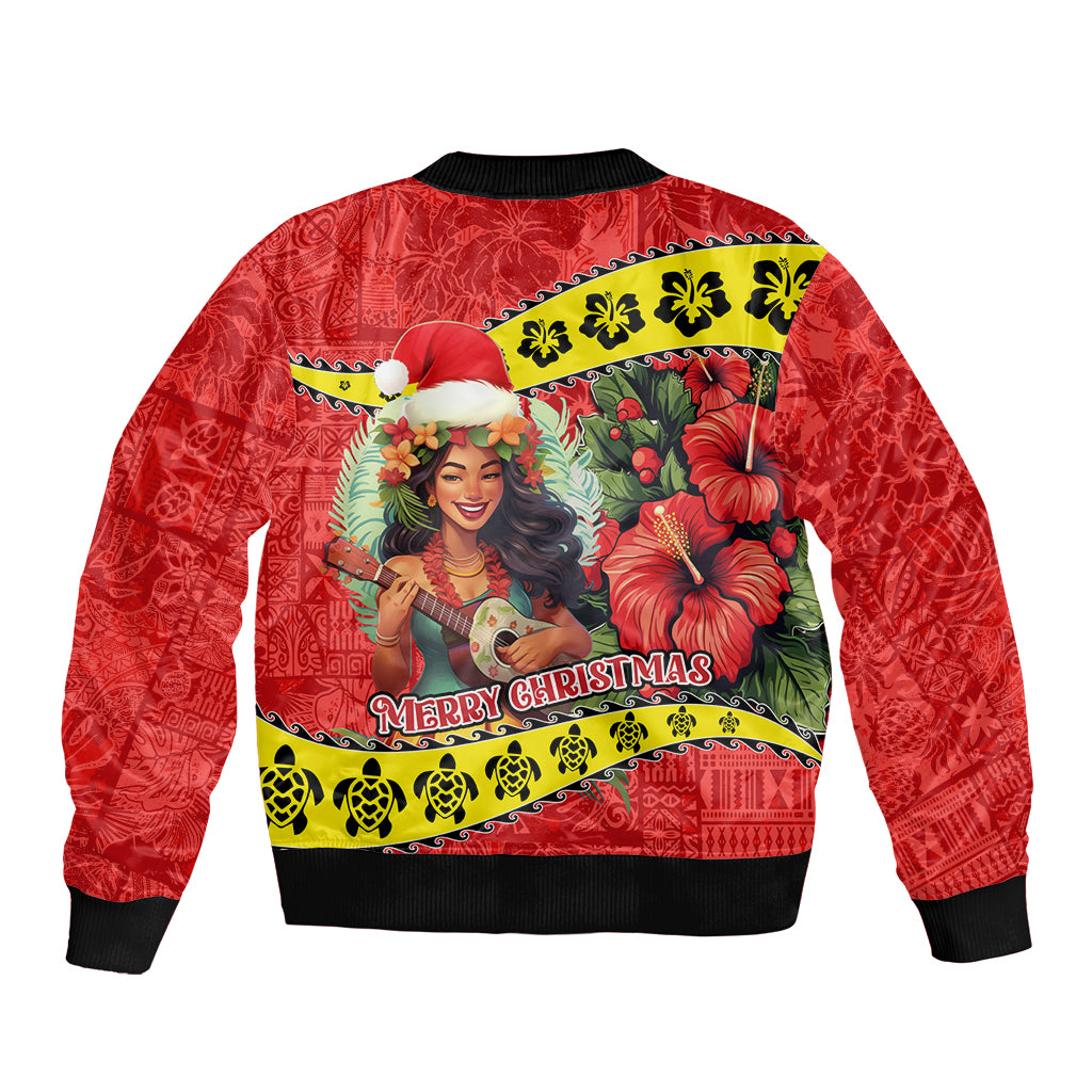 Hawaii Christmas Bomber Jacket Hula Girl Hibiscus With Hawaiian Style Tribal Fabric Patchwork LT03 - Polynesian Pride