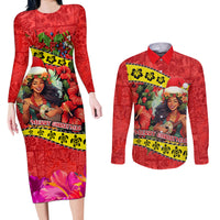 Hawaii Christmas Couples Matching Long Sleeve Bodycon Dress and Long Sleeve Button Shirt Hula Girl Hibiscus With Hawaiian Style Tribal Fabric Patchwork LT03 Red - Polynesian Pride