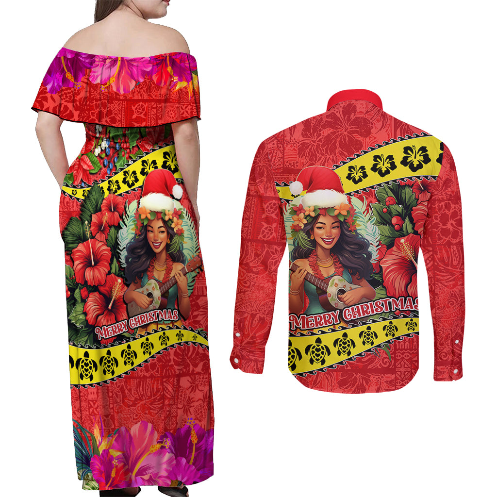 Hawaii Christmas Couples Matching Off Shoulder Maxi Dress and Long Sleeve Button Shirt Hula Girl Hibiscus With Hawaiian Style Tribal Fabric Patchwork LT03 - Polynesian Pride