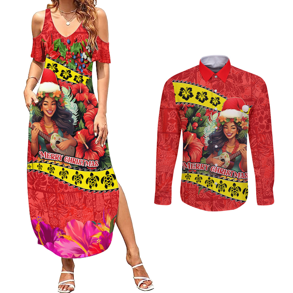 Hawaii Christmas Couples Matching Summer Maxi Dress and Long Sleeve Button Shirt Hula Girl Hibiscus With Hawaiian Style Tribal Fabric Patchwork LT03 Red - Polynesian Pride