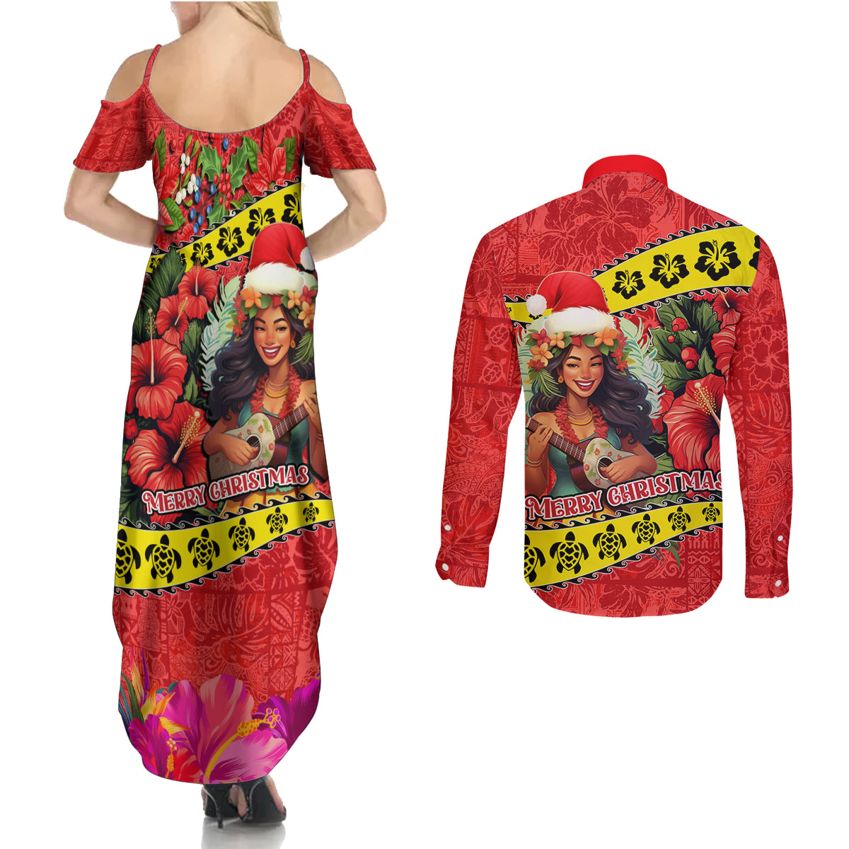 Hawaii Christmas Couples Matching Summer Maxi Dress and Long Sleeve Button Shirt Hula Girl Hibiscus With Hawaiian Style Tribal Fabric Patchwork LT03 - Polynesian Pride