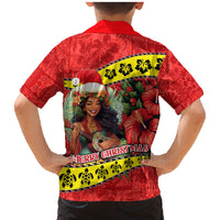 Hawaii Christmas Family Matching Mermaid Dress and Hawaiian Shirt Hula Girl Hibiscus With Hawaiian Style Tribal Fabric Patchwork LT03 - Polynesian Pride
