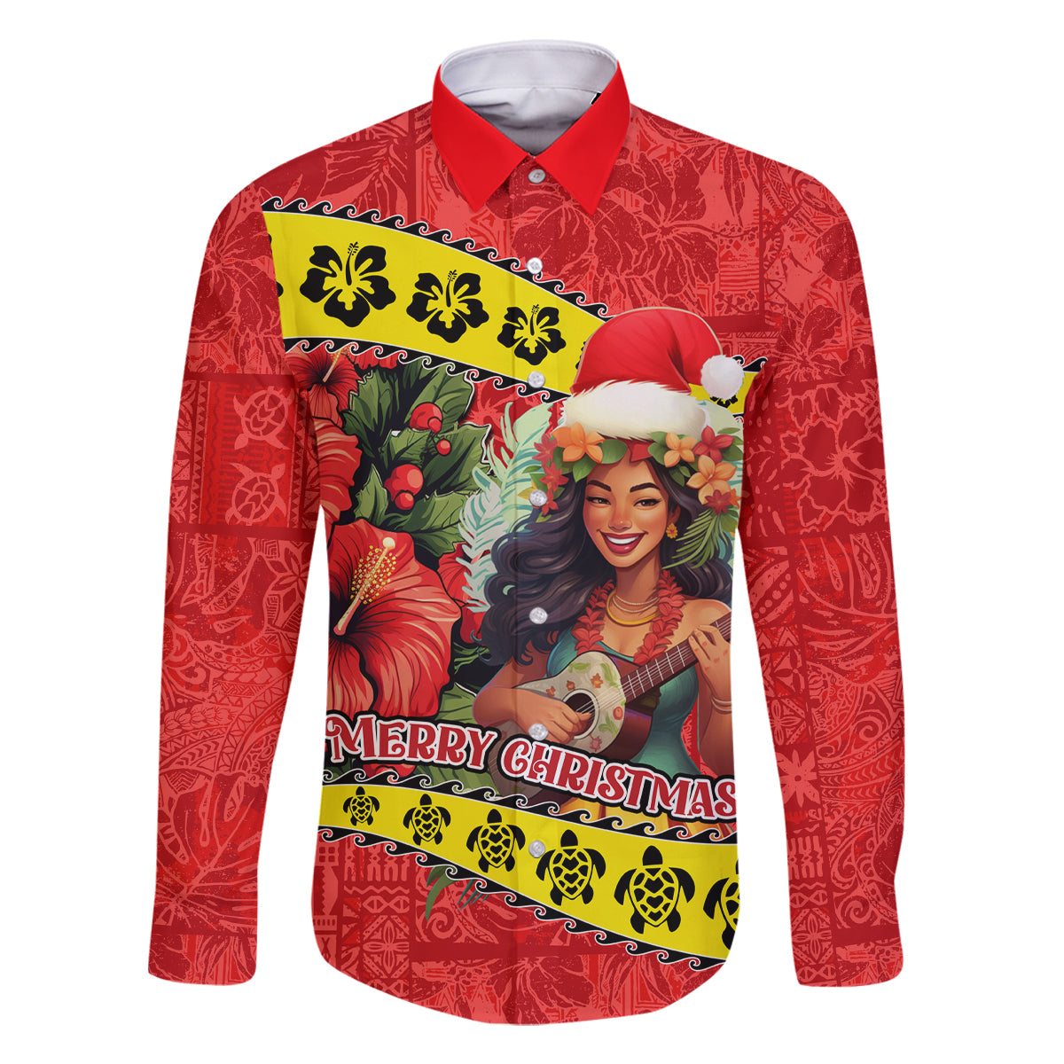 Hawaii Christmas Family Matching Mermaid Dress and Hawaiian Shirt Hula Girl Hibiscus With Hawaiian Style Tribal Fabric Patchwork LT03 Dad's Shirt - Long Sleeve Red - Polynesian Pride