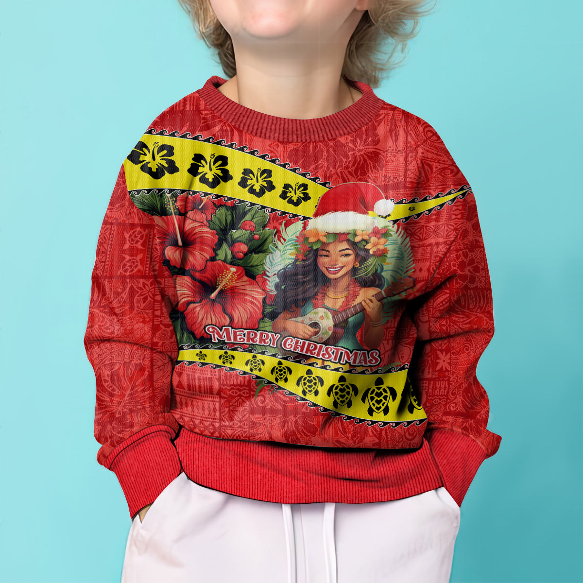 Hawaii Christmas Kid Ugly Christmas Sweater Hula Girl Hibiscus With Hawaiian Style Tribal Fabric Patchwork LT03 - Polynesian Pride