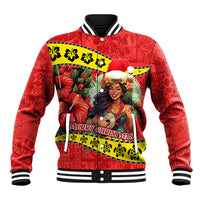 Personalised Hawaii Christmas Baseball Jacket Hula Girl Hibiscus With Hawaiian Style Tribal Fabric Patchwork LT03 Unisex Red - Polynesian Pride