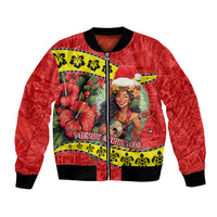 Personalised Hawaii Christmas Bomber Jacket Hula Girl Hibiscus With Hawaiian Style Tribal Fabric Patchwork LT03 Unisex Red - Polynesian Pride