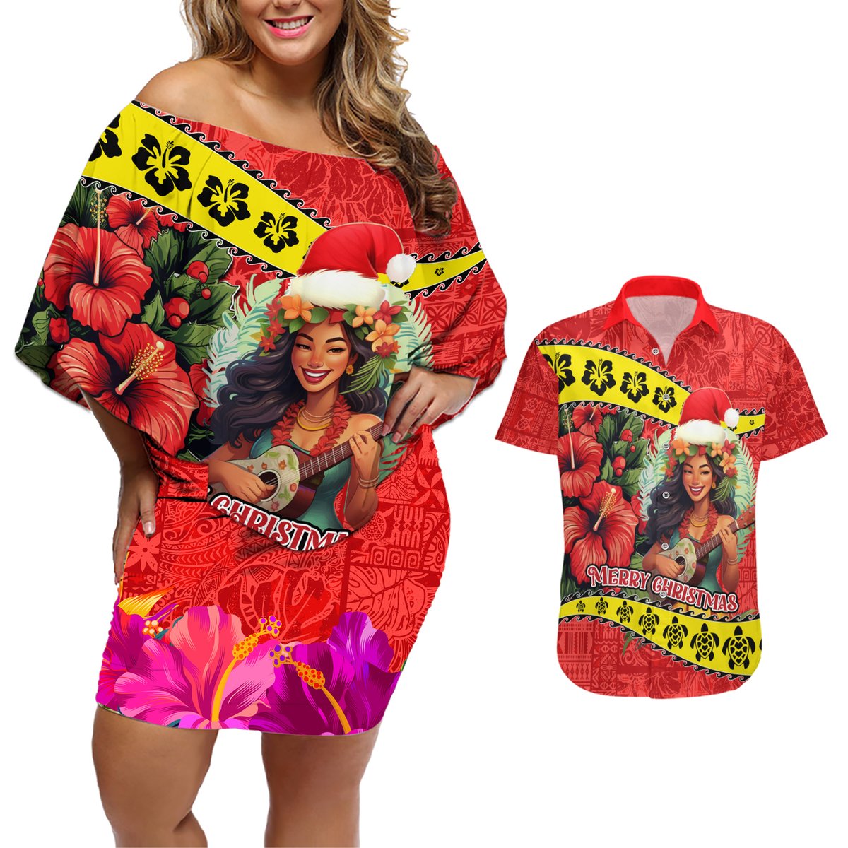 Personalised Hawaii Christmas Couples Matching Off Shoulder Short Dress and Hawaiian Shirt Hula Girl Hibiscus With Hawaiian Style Tribal Fabric Patchwork LT03 Red - Polynesian Pride